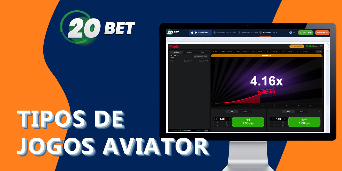 Que tipos de jogos Aviator estão disponíveis no site do cassino on-line 20Bet?